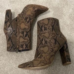 French Connection Women’s Tori High Heel Brown Snake Print Ankle Dress Boots 7
